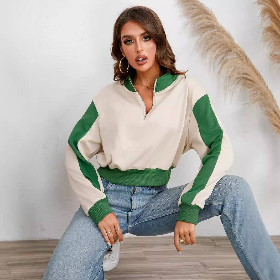 Half Zip Short Stand-Up Collar Patchwork Hoodie