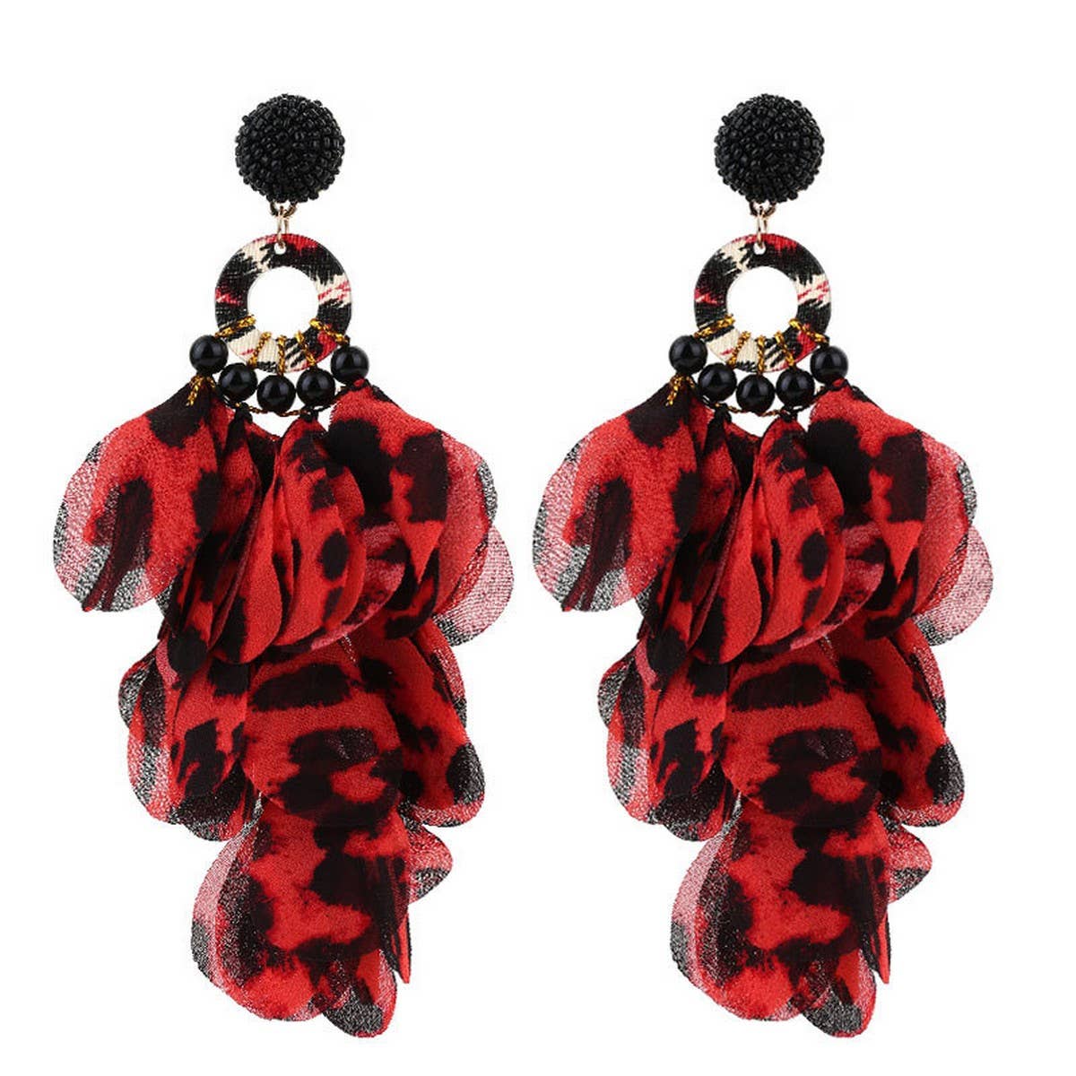Fabric Flower Tassel Earrings with Leopard Print_CWMM6265