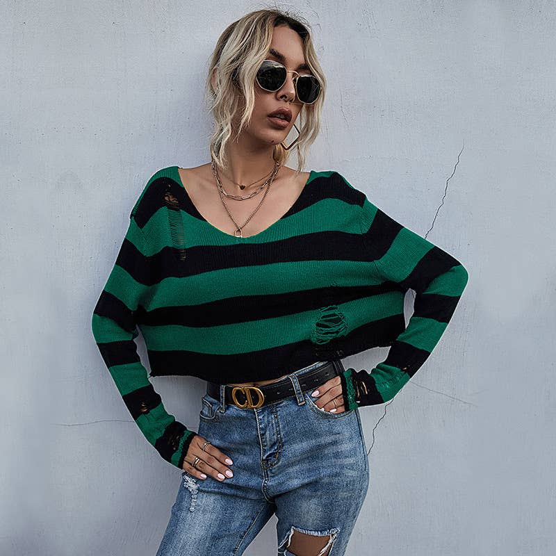 Striped V-neck loose short ripped crop sweater
