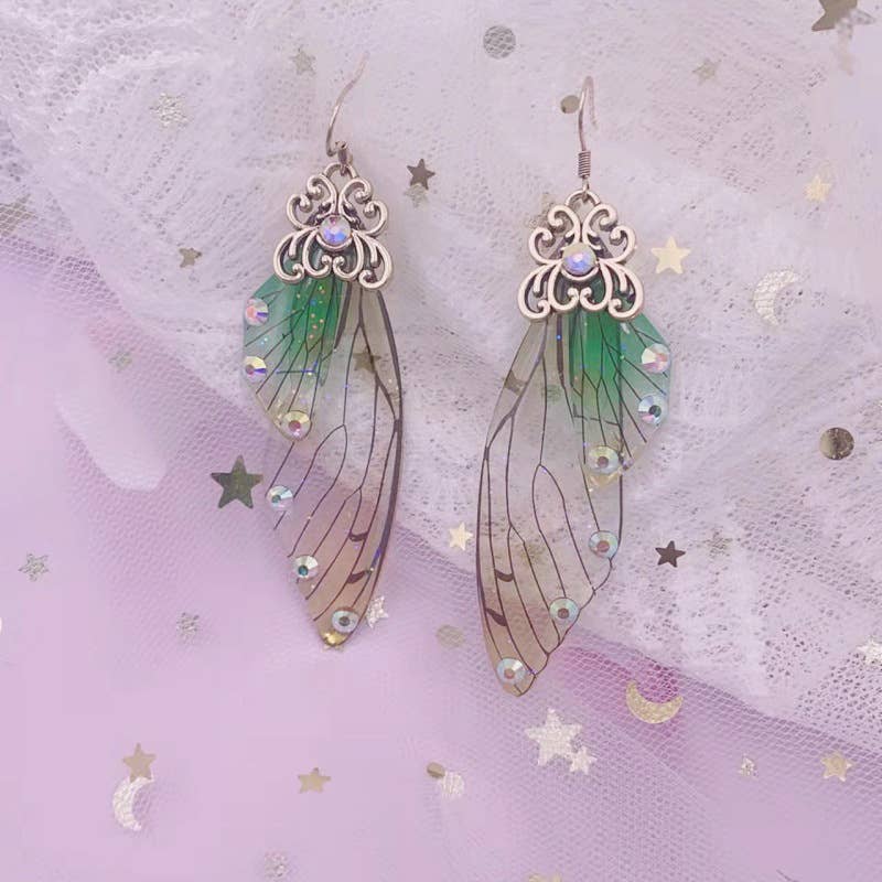 Elegant long earrings with cicada wing wings