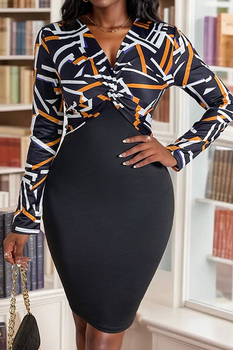 CWDMD4683_V-NECK HIGH WAIST GEOMETRIC PATTERN HIP DRESS