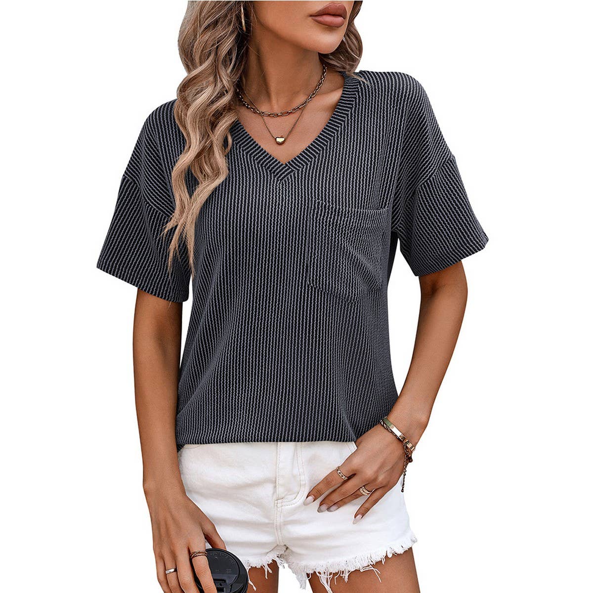 V-neck twist strip short sleeve loose T-shirt
