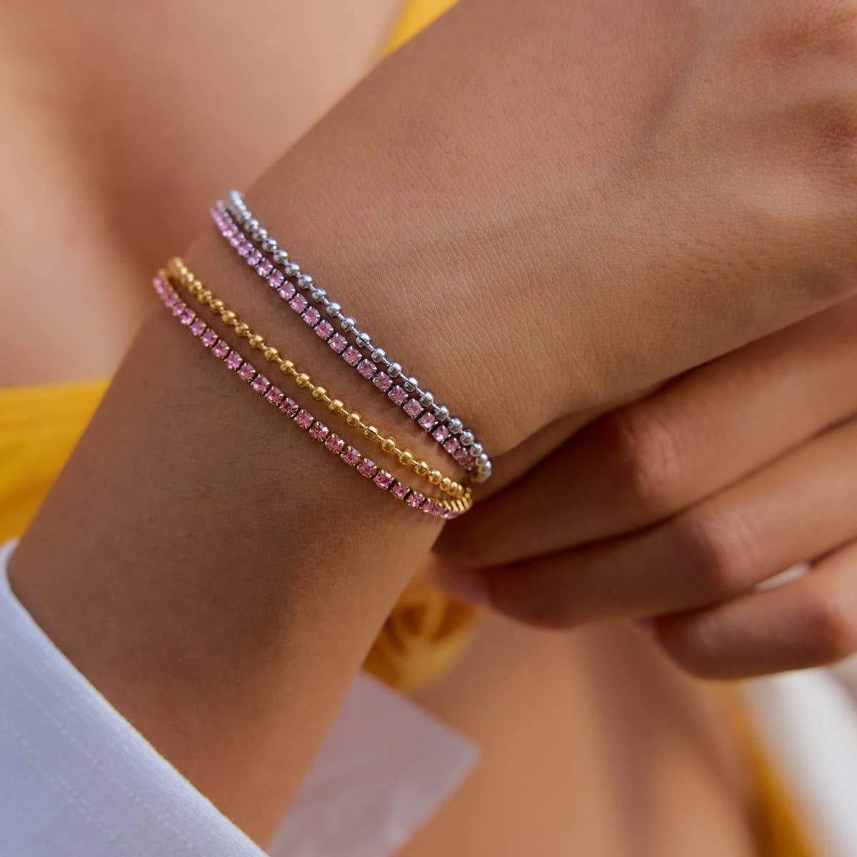 18K Gold Titanium Pink Zircon Claw Chain Bracelet_CWAJE4687