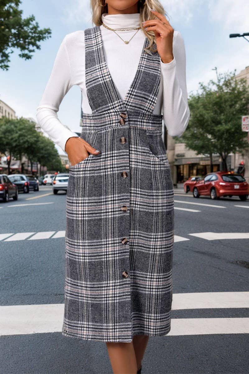 CWDSD5928_SOLID COLOR CASUAL PLAID SUSPENDER DRESS