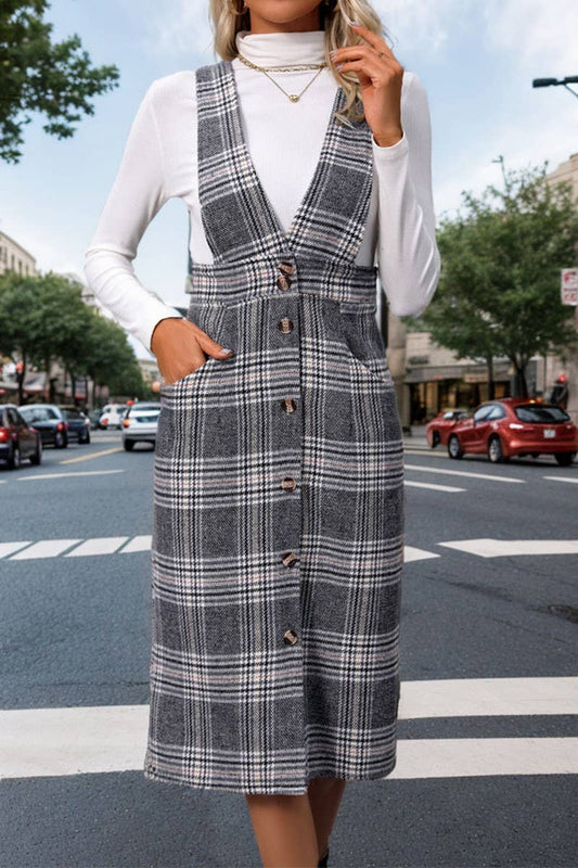CWDSD5928_SOLID COLOR CASUAL PLAID SUSPENDER DRESS