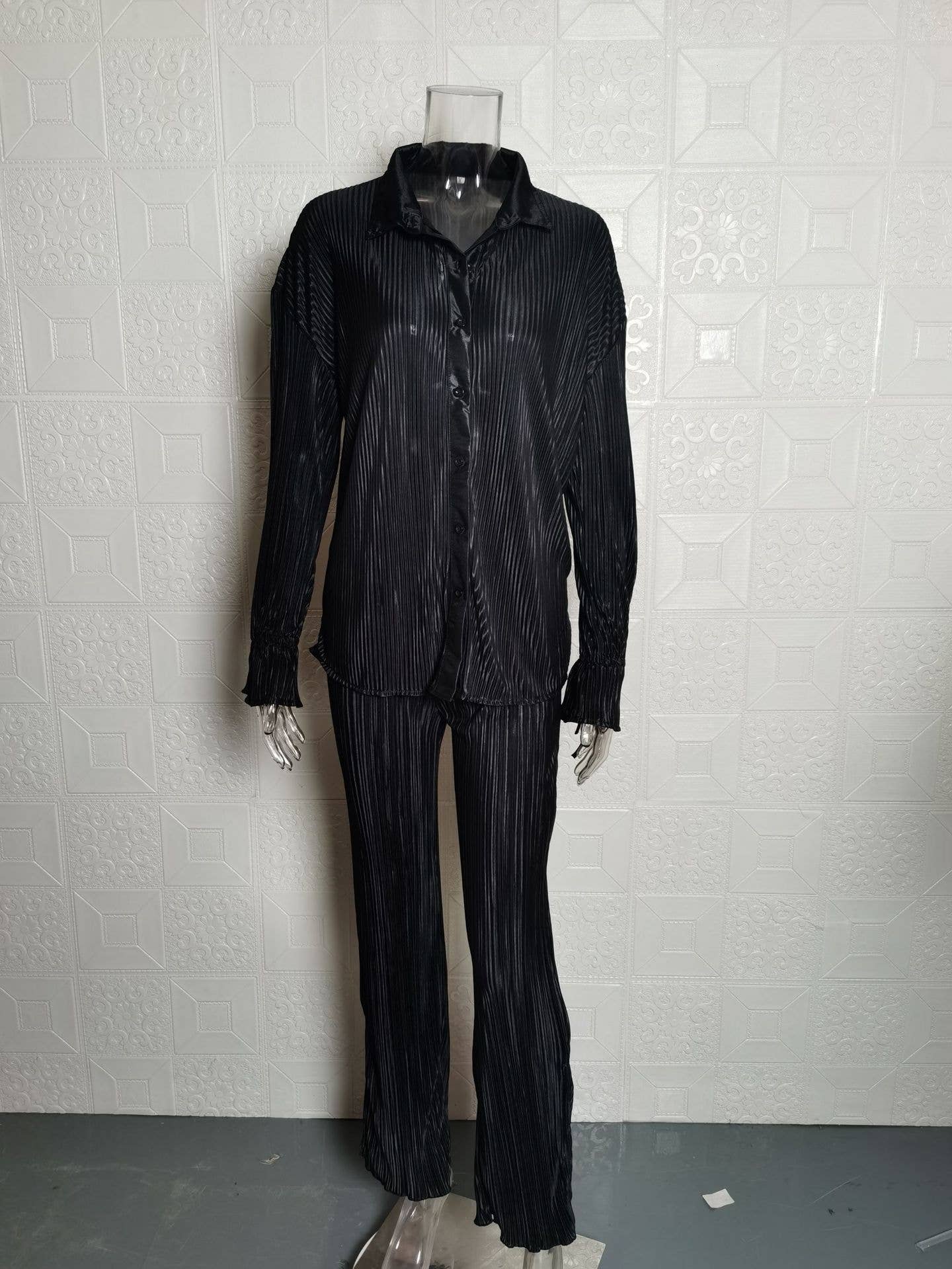 Fashion Pleated Shirt with Split Long Sleeve Set