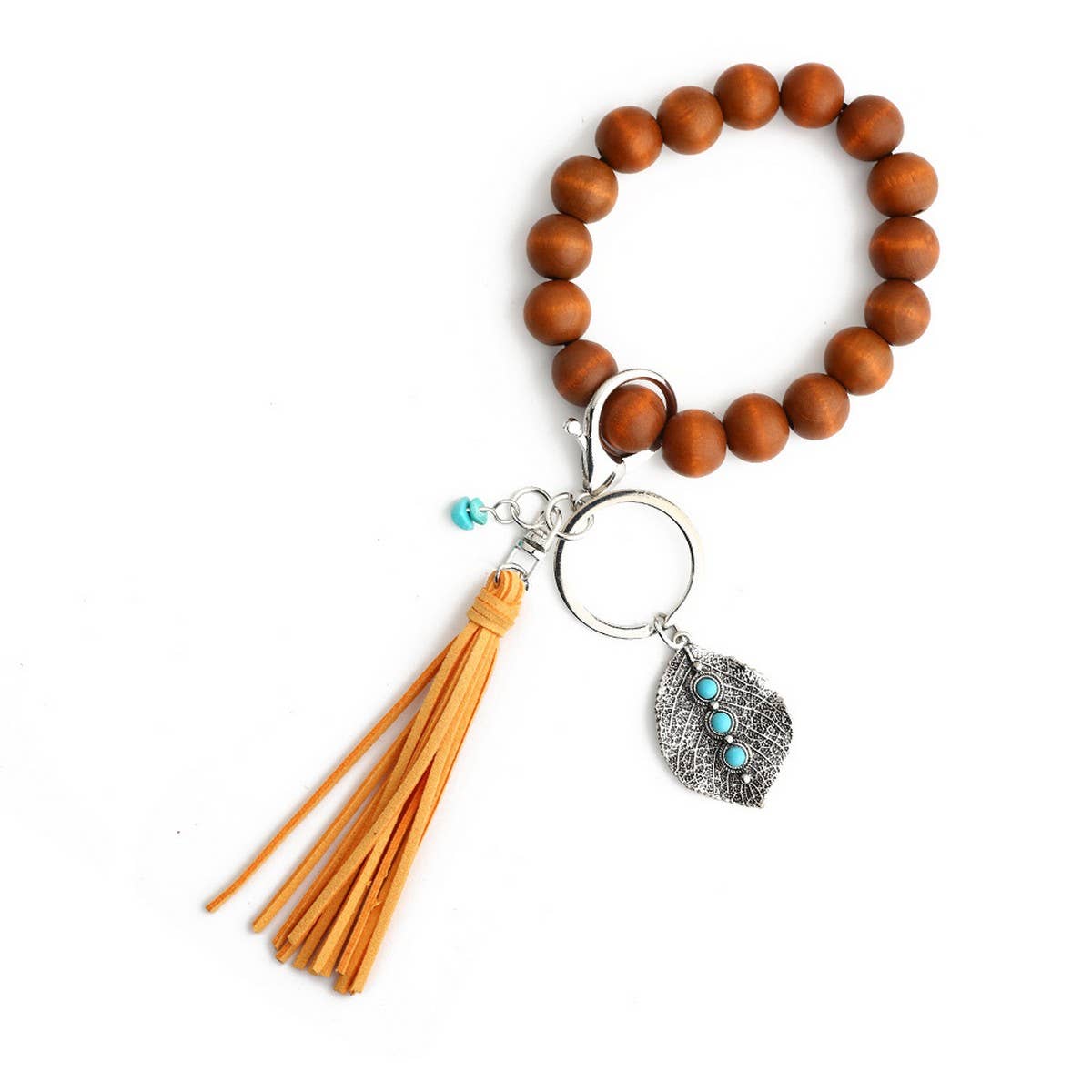 Boho Tassel Keychain with Leaf Charm and Wood Beads_CWAB5087