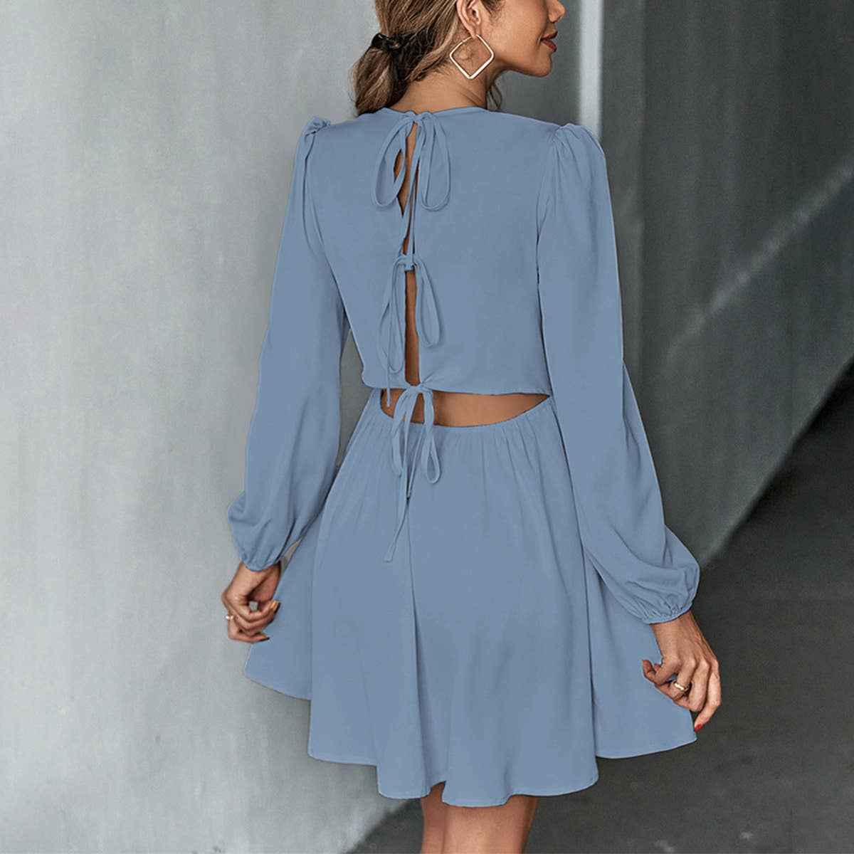 SWEET WAISTED A LINE HALTER LONG SLEEVE DRESS_CWDSD3251