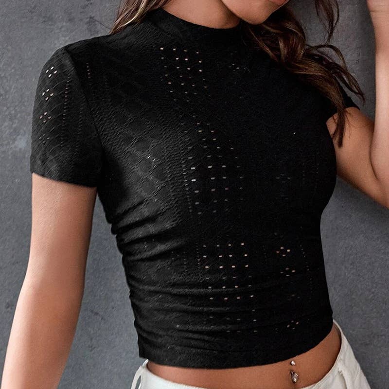 Thin hollow slim half-neck short-sleeved T-shirt