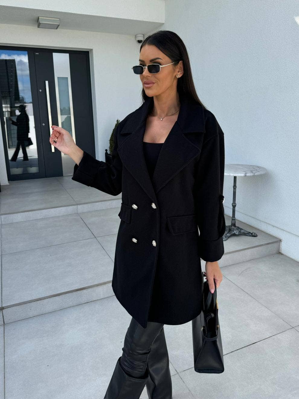 Solid-color H-shaped suit collar long jacket