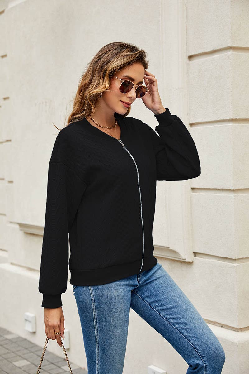 Solid-color zipper round-neck Jackets