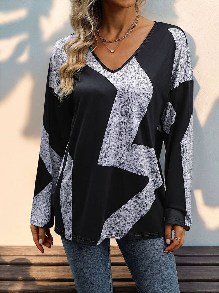 LONG SLEEVE CASUAL LOOSE COLOR MATCHING TOP
