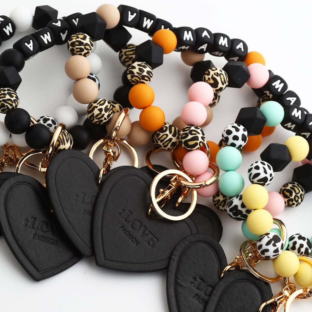 Leopard Print Silicone Bead Heart Bracelet Keychain_CWAB5018