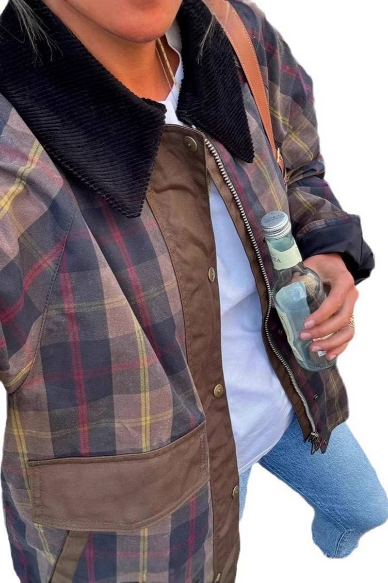 CWOCO0970_VINTAGE PLAID FUR COLLAR QUILTED ZIP-UP JACKET