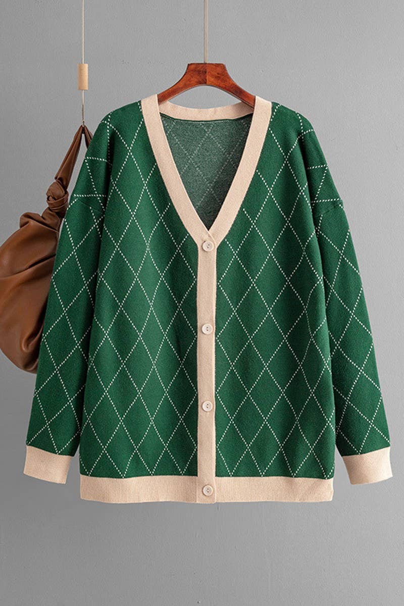 CWOCAL00676_V NECK LOOSE BUTTON PLAID KNIT CARDIGAN