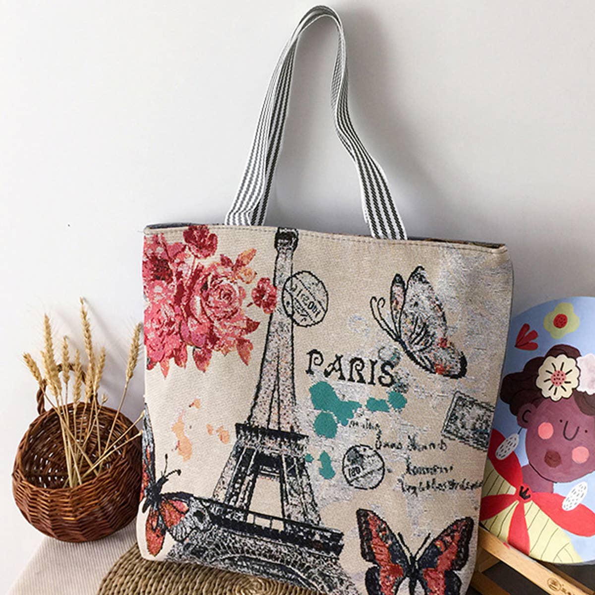 FLOWER JACQUARD CANVAS SHOULDER BAG TOTE BAG_CWAB1677