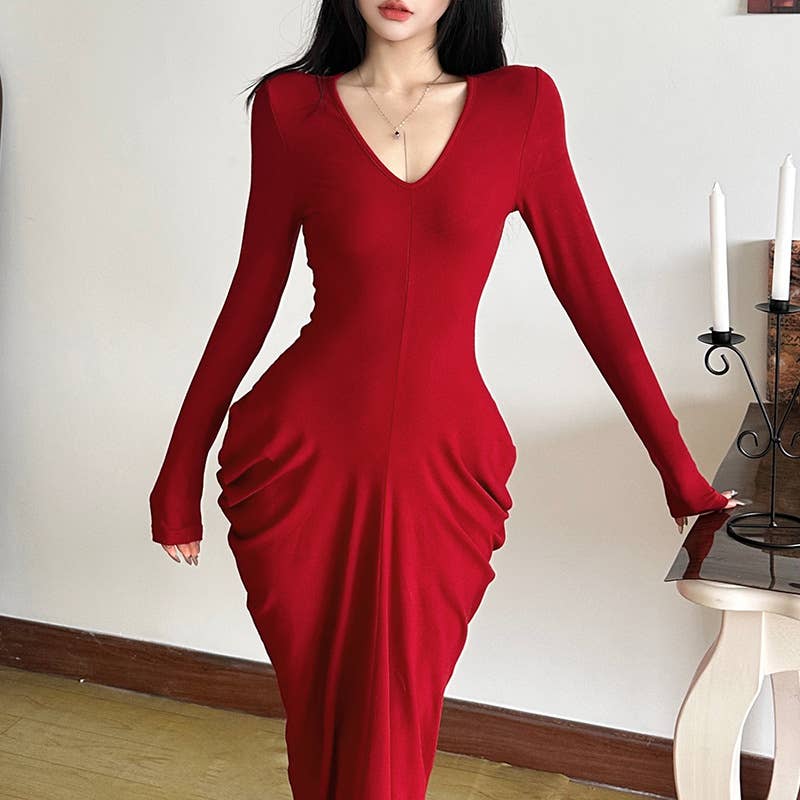 SEXY V-NECK HIGH-WAISTED SLIM DRESS WITH HIP WRAP