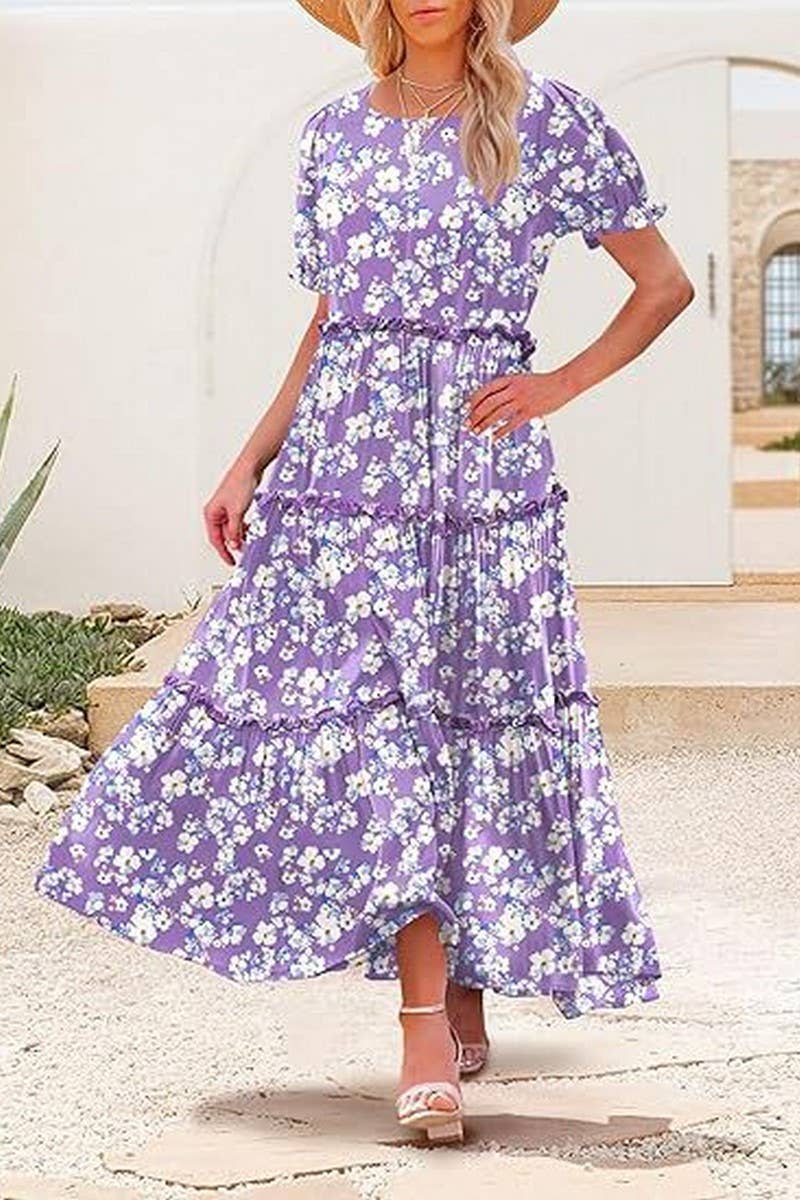 CWDMD6366_ROUND NECK PUFF SLEEVE RUFFLE PRINTED DRESS