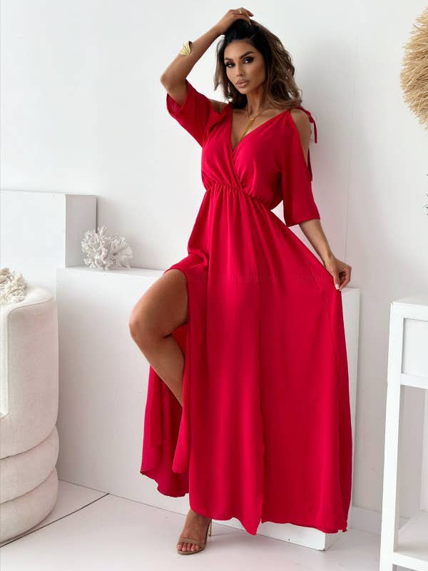 V-neck slit shoulder sleeves sexy halter dress