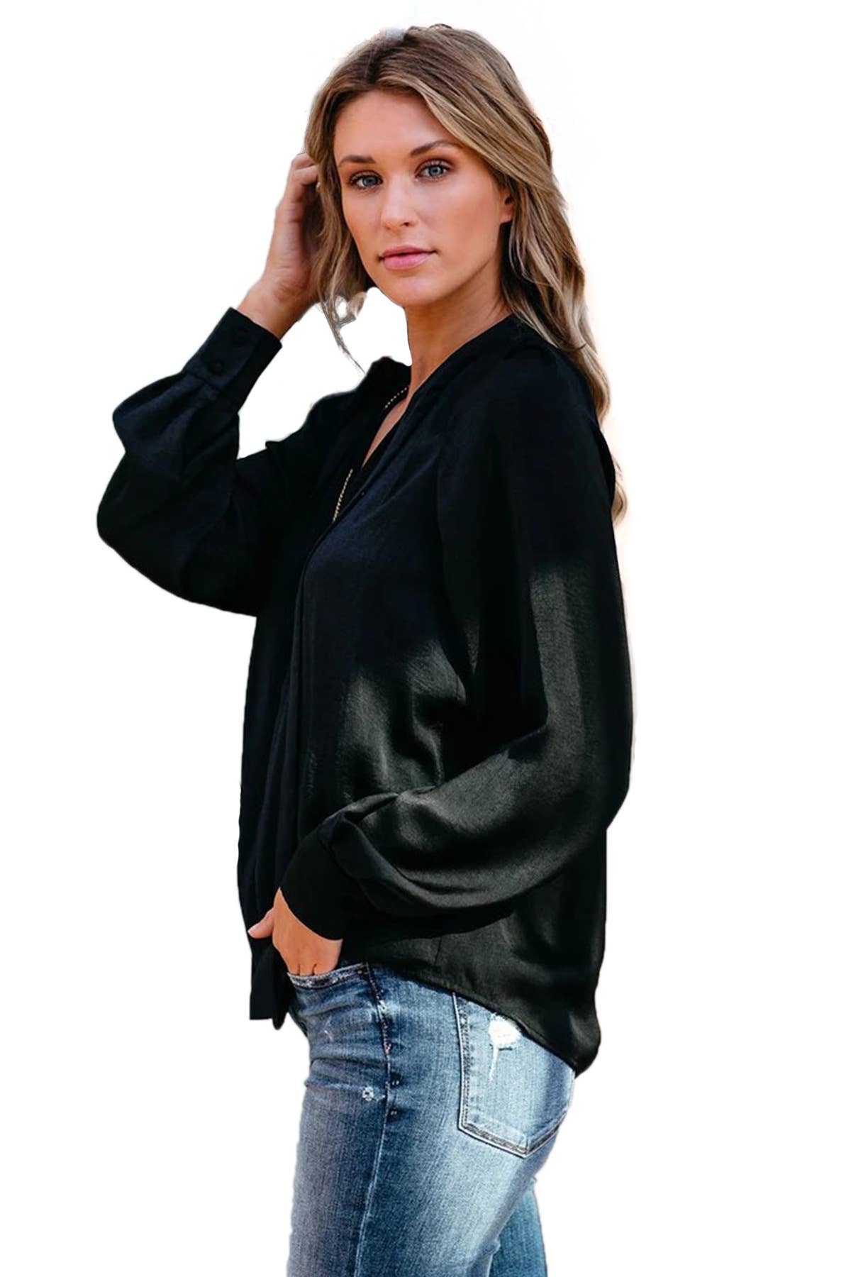 SOLID COLOR V-NECK LACE-UP LONG SLEEVE SHIRT