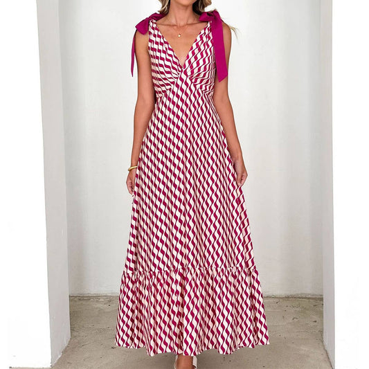 Lace-up V-neck print fashion loose long dress