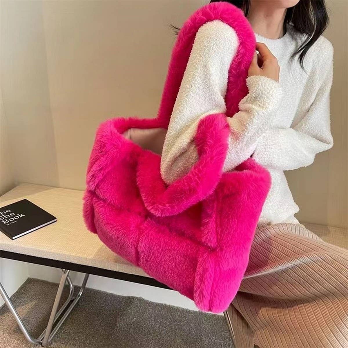 Faux Rabbit Fur Tote Bag Women Large Handbag_CUAB00603