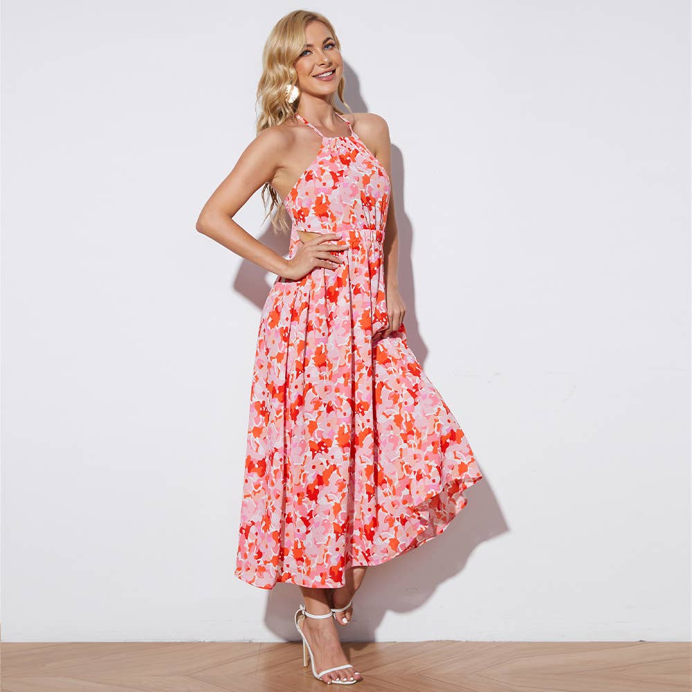 Sexy sleeveless strappy print halter dress