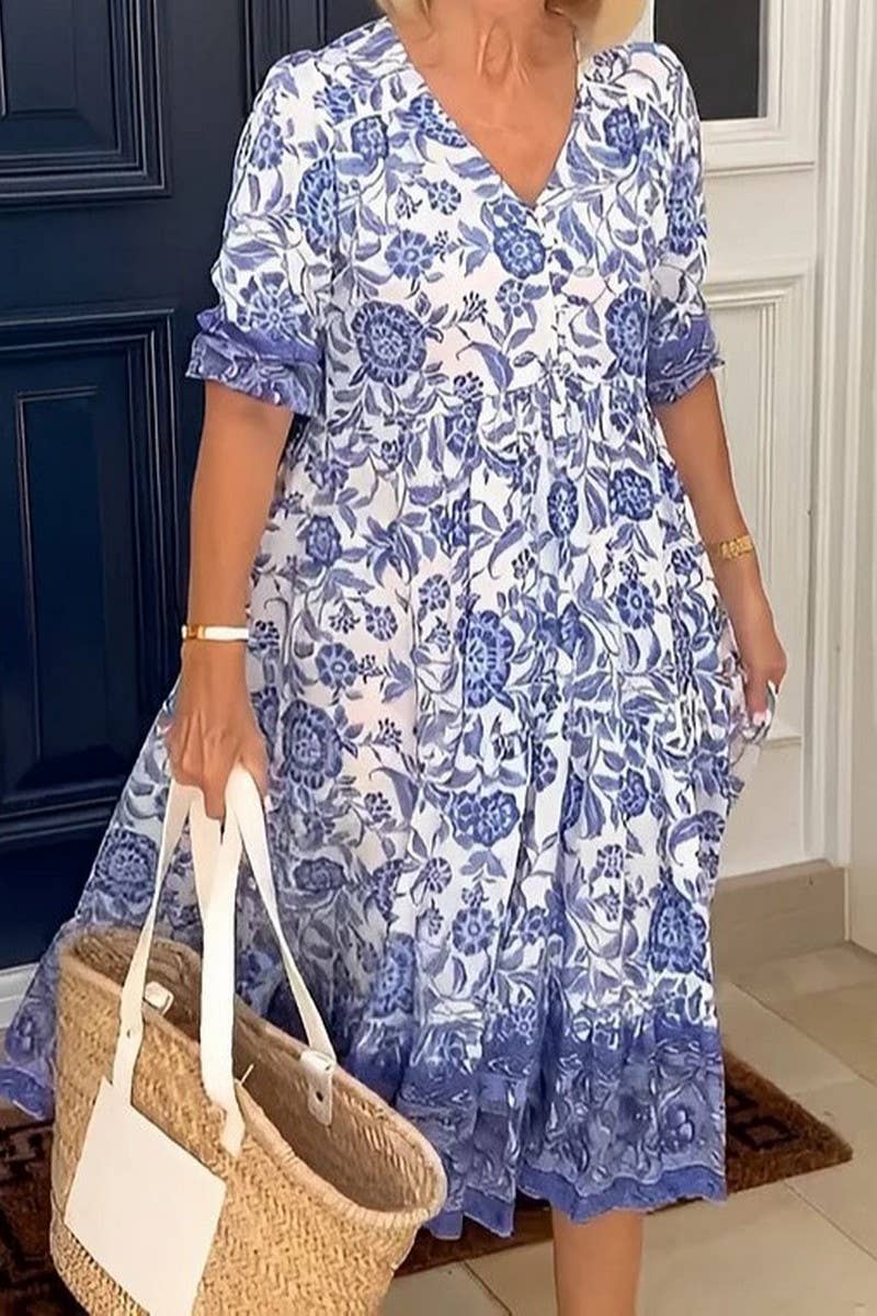 CWDSD10560_ELEGANT LONG FLORAL TIE-DYE PRINT DRESS