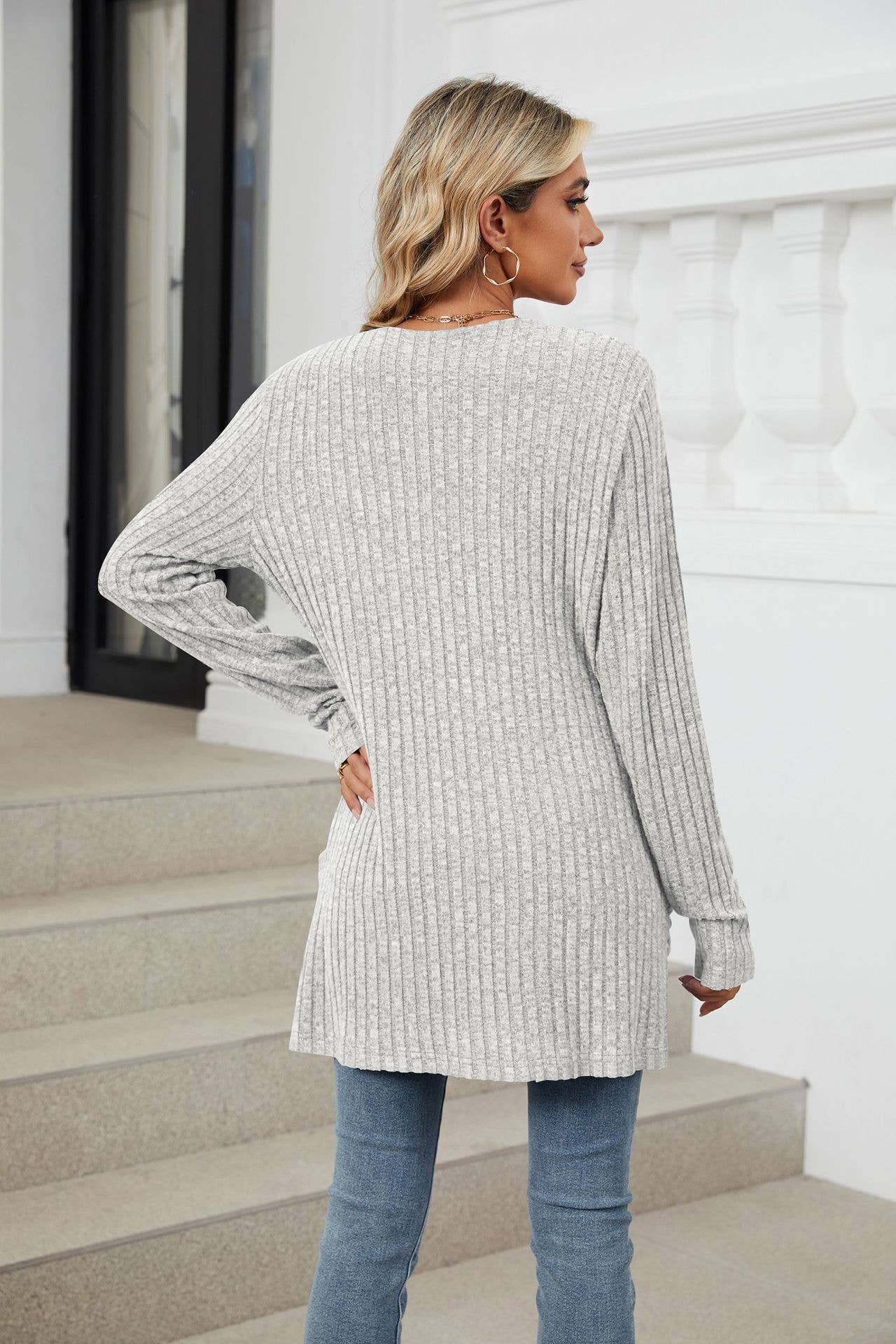 Solid-color casual pocket long-sleeved cardigan