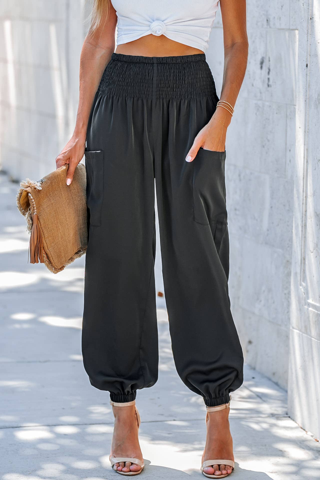 SOLID COLOR ELASTIC HIGH-WAISTED WIDE-LEG NINERS