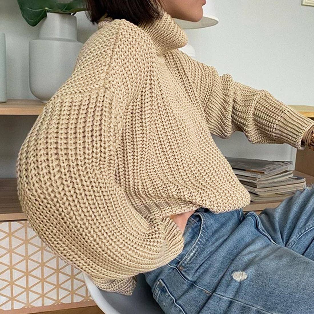 SOLID COLOR TURTLENECK BASIC COARSE KNIT SWEATER