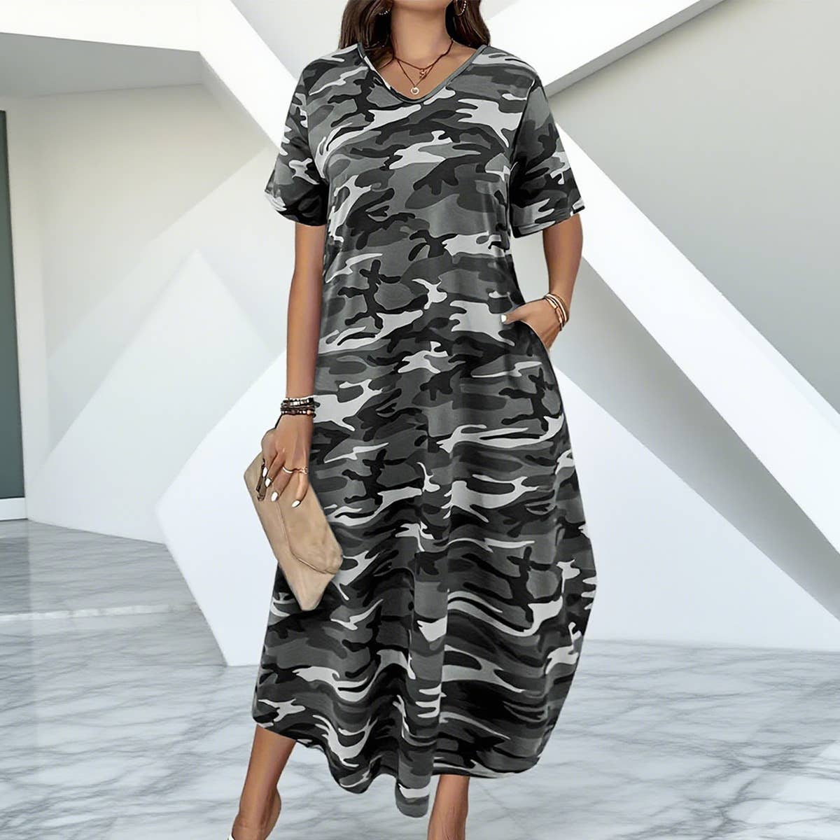 Long loose camouflage printed dress