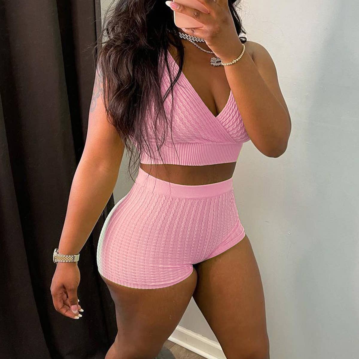 Trendy solid ribbed bubble knit tank & shorts set