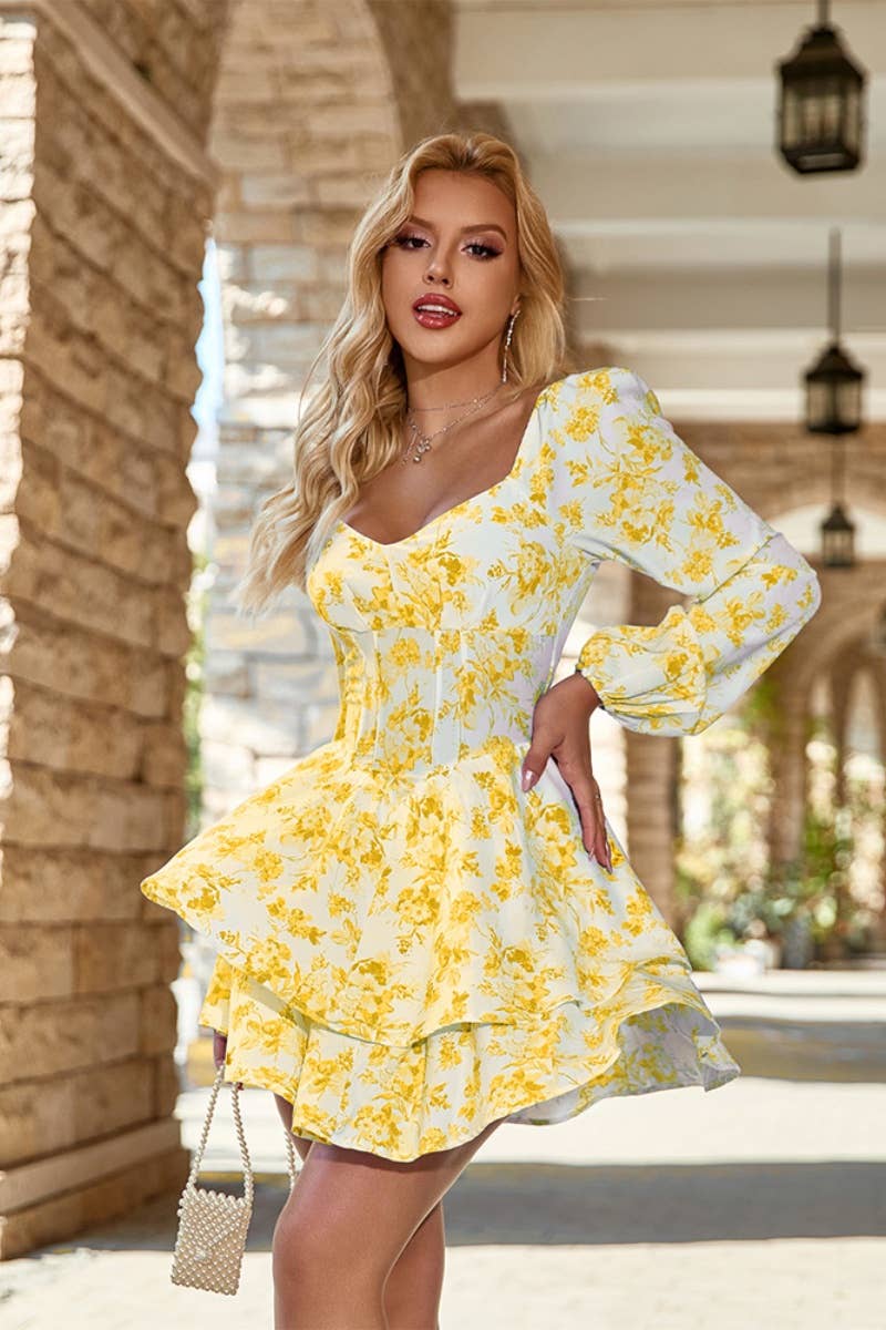CWDSD4263_LONG-SLEEVED PRINTED LOW-CUT SHORT CAKE DRESS
