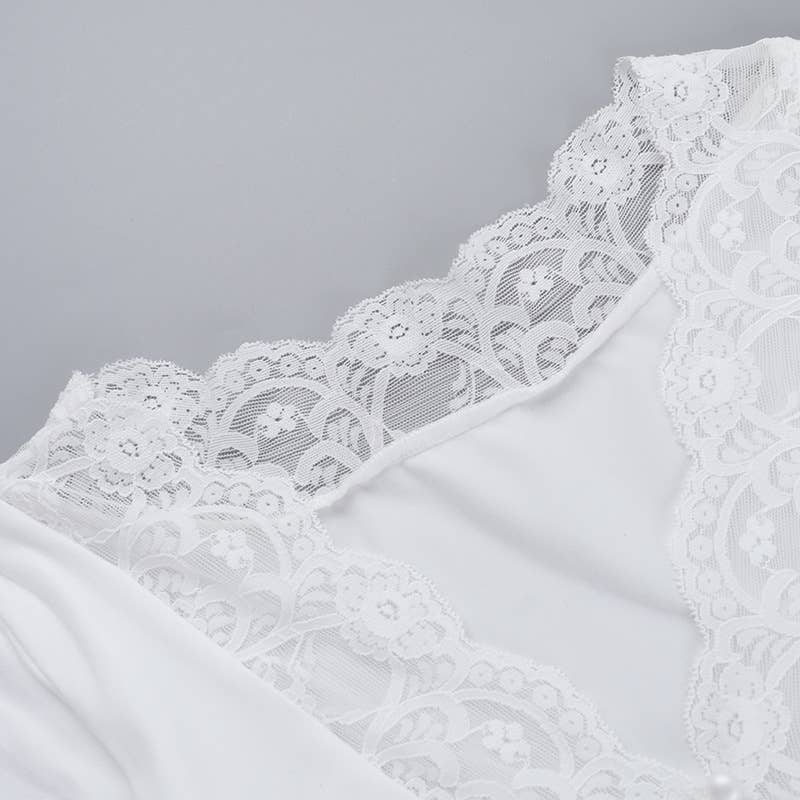 Fashionable Casual V-Neck Lace Trim Button-Up Top