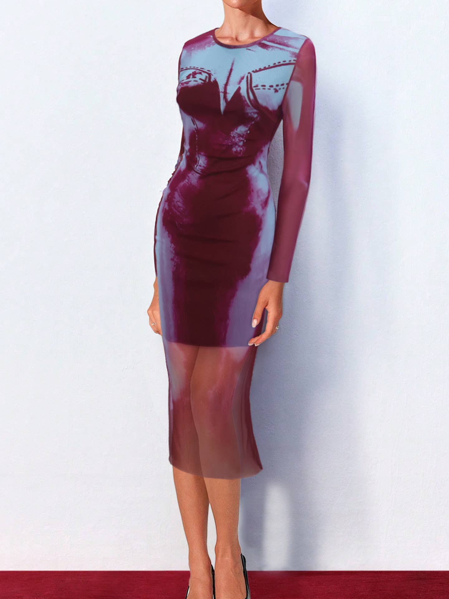 Sexy body positioning print mesh dress