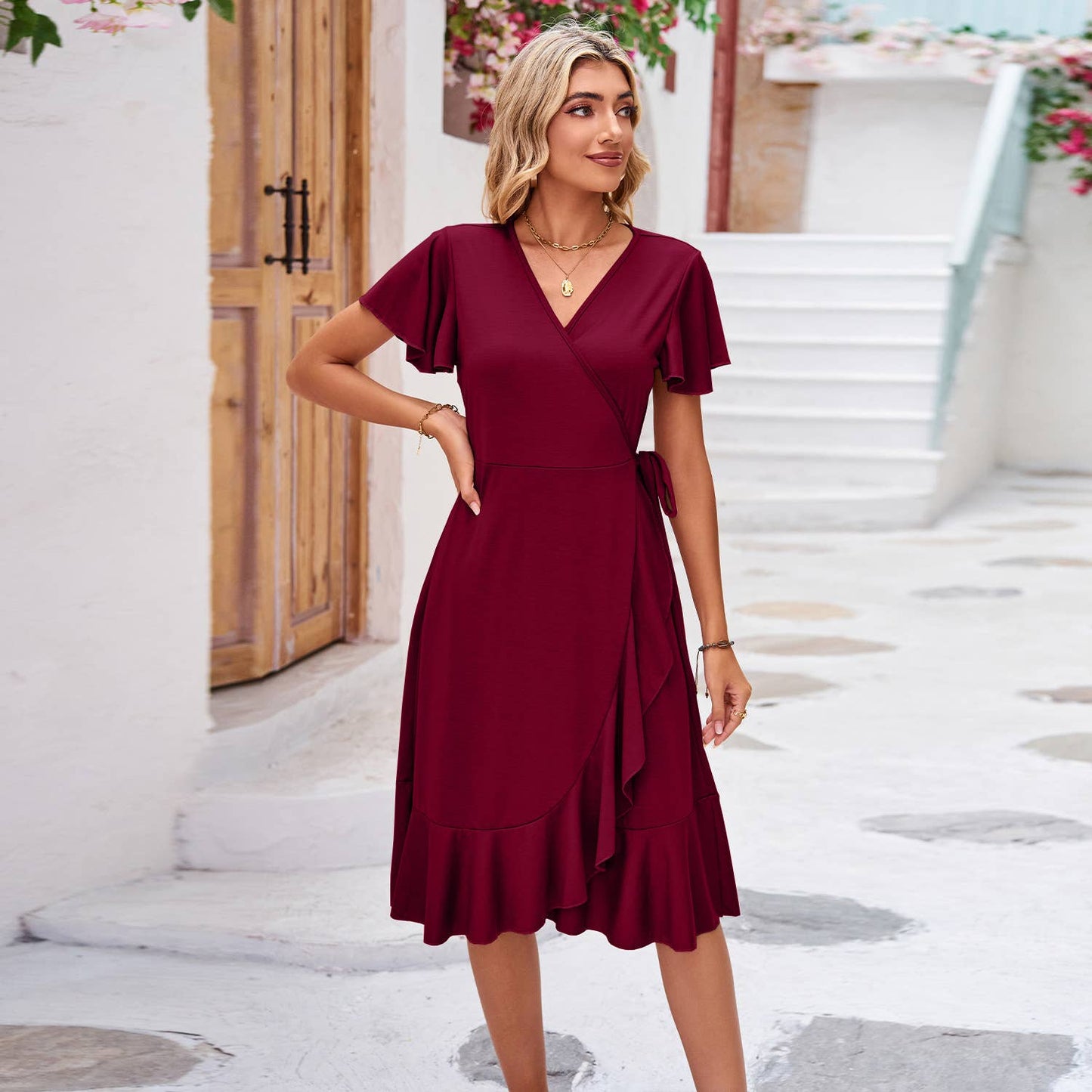 IRREGULAR DRESS WITH CROSSED V-NECK LACE-UP