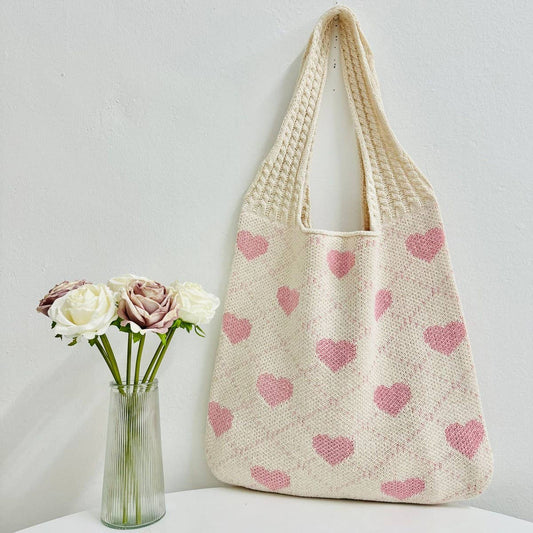 CWAB5064_SHOPPING KNITTED HEART PATTERN WOVEN BAG