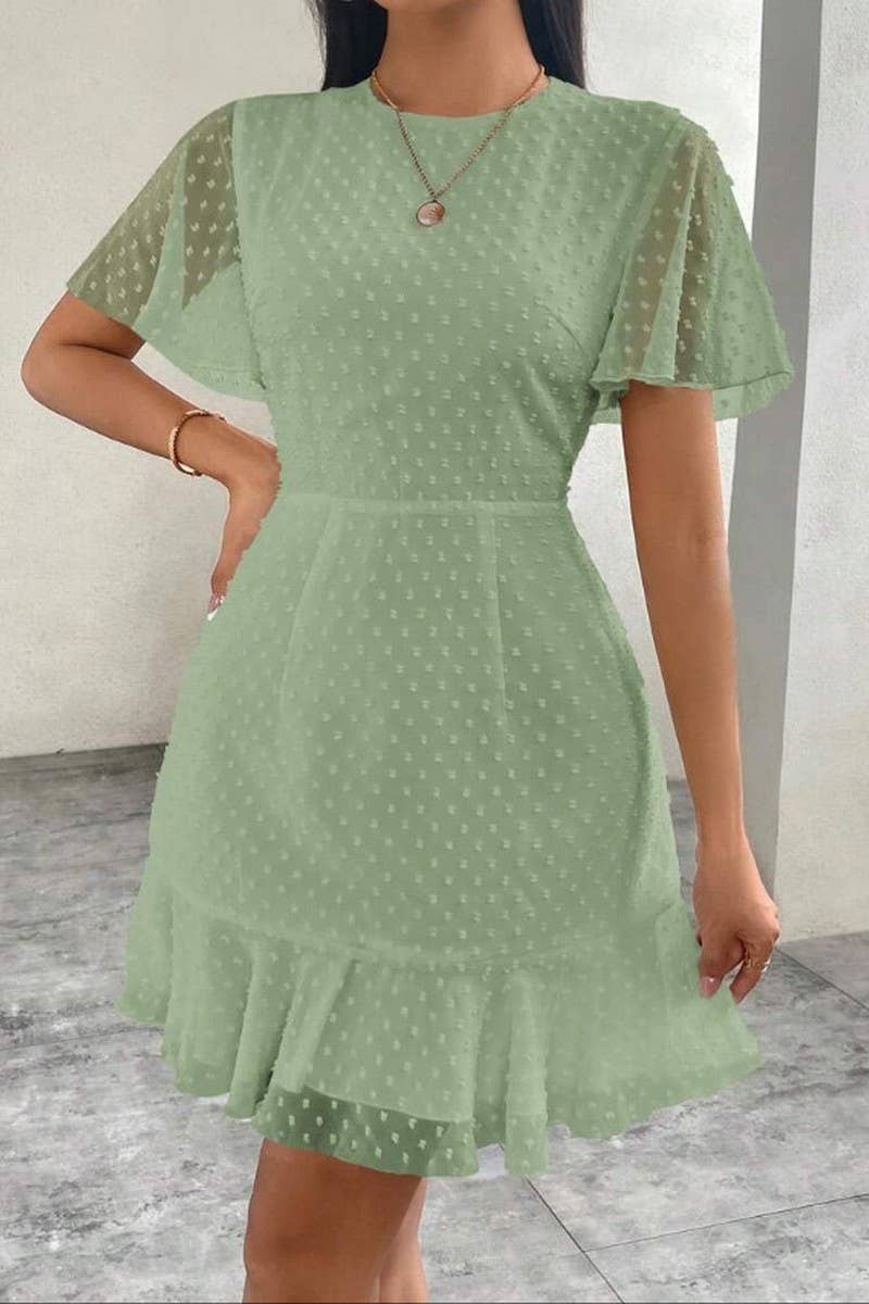 CWDSD8788_SUMMER V-NECK POLKA DOT LACE-UP DRESS