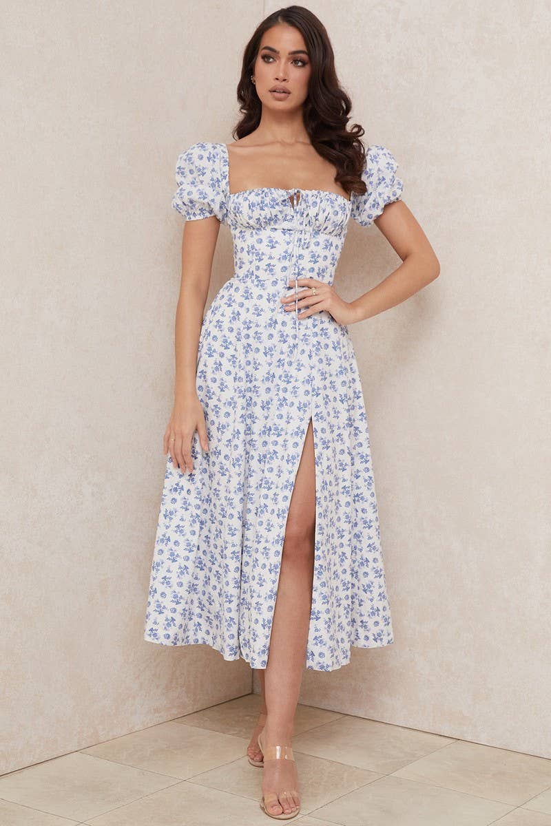 CWDMD5627_SEXY RUCHED PUFF SLEEVE TIE SLIT MIDI DRESS