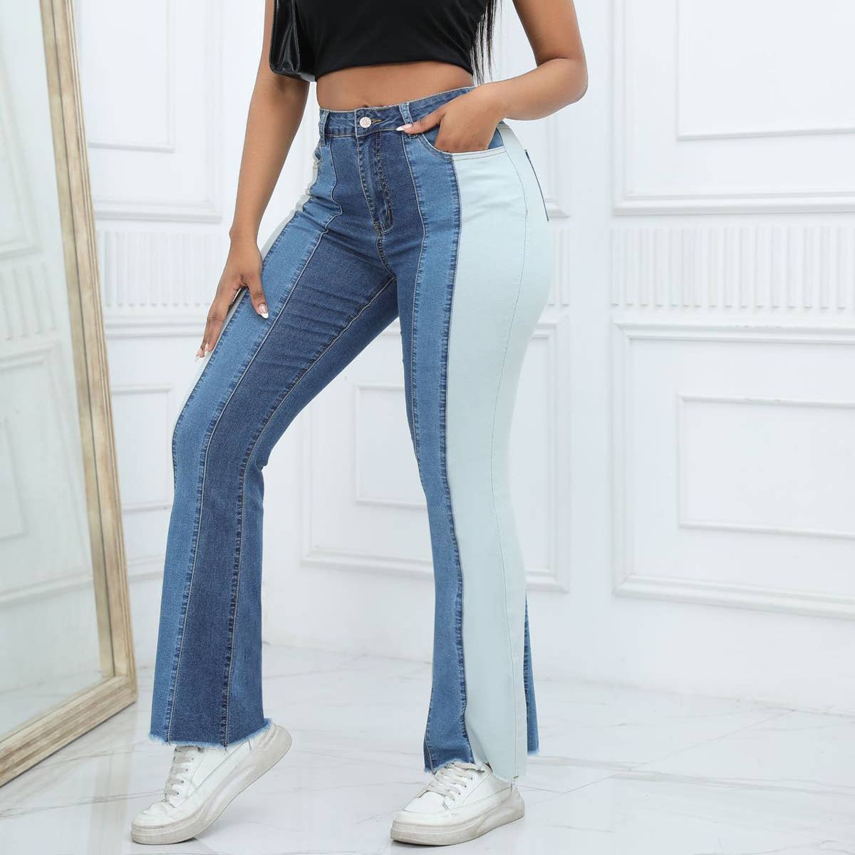 WOMENS WIDE LEG FLARED PANTS SLIM FIT JEANS_CWJP0170