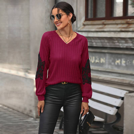 LONG SLEEVE V-NECK T-SHIRT LACE PATCHWORK TOP