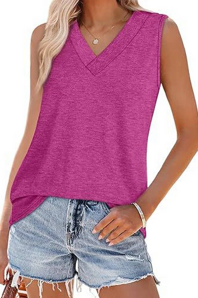 Cwtblsl0908_Solid V-Neck Sleeveless Casual Tank Top