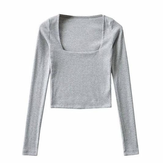 Square-neck solid-color long-sleeved T-shirt