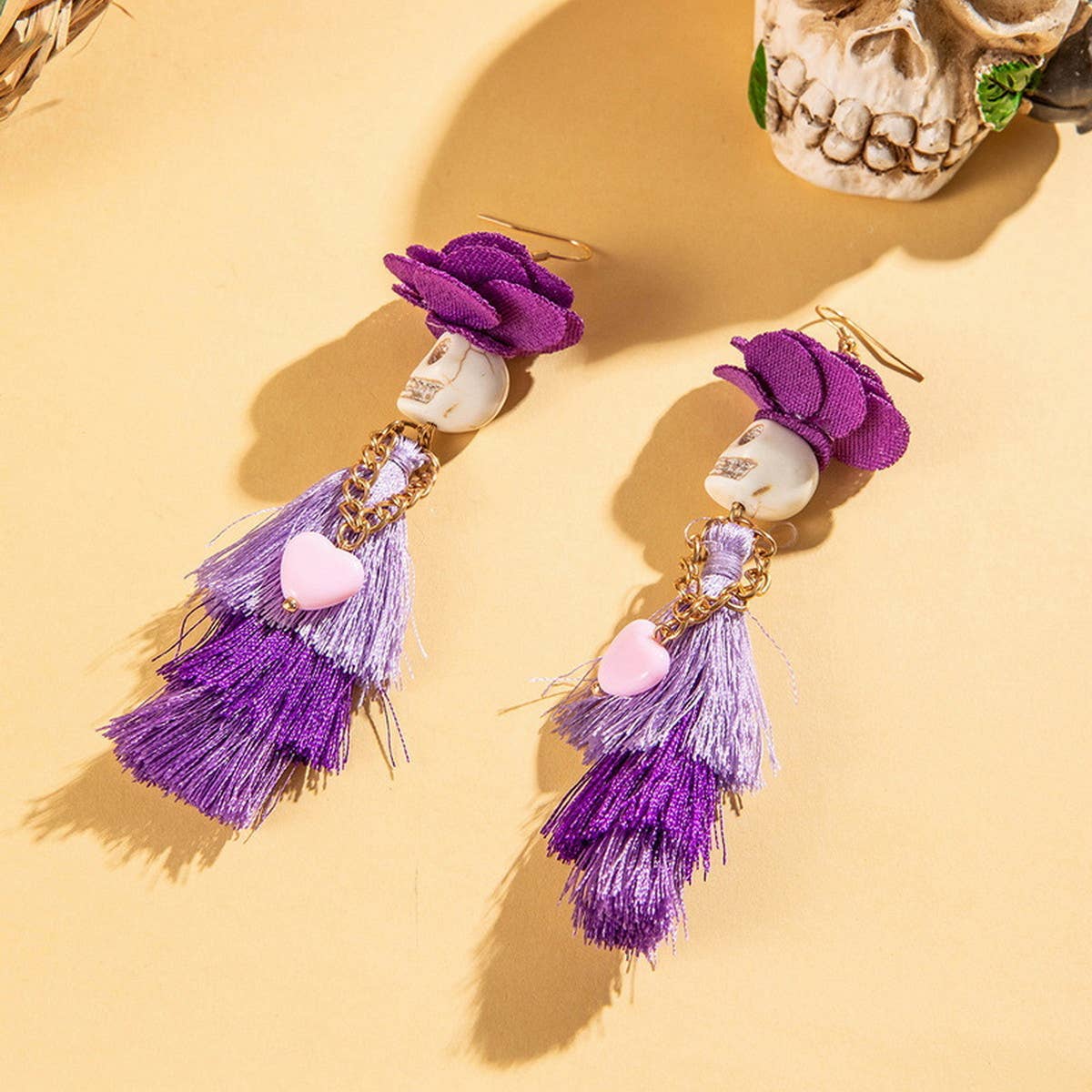 HALLOWEEN SKULL TASSEL RICE BEAD EARRINGS