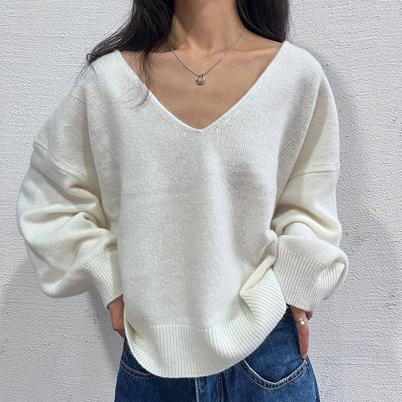 V-neck solid color loose wool sweater