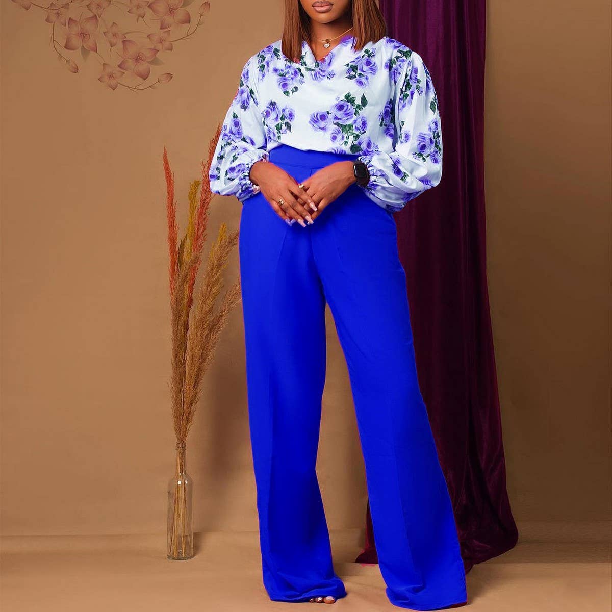 PRINTED TIE TOP AND WIDE-LEG PANTS TWO-PIECE SET_CWSTB1140