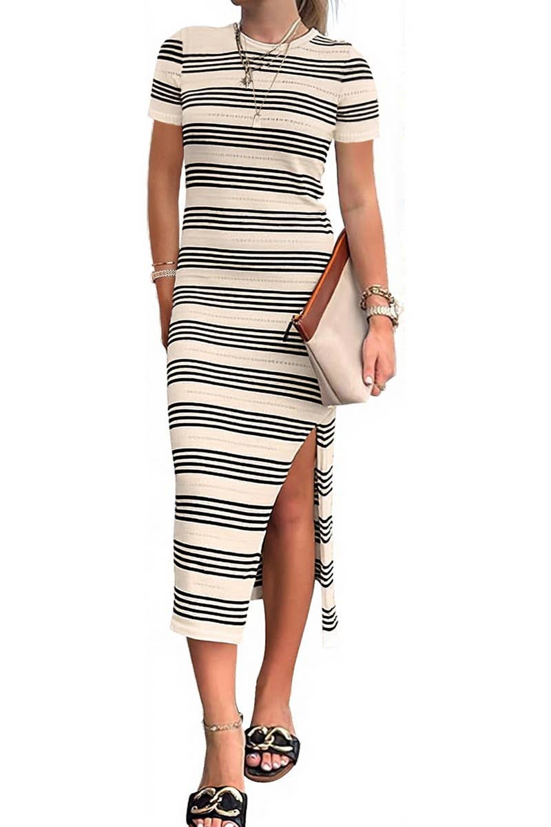 CWDMD4293_KNITTED STRIPED DRESS WITH CUT-OUT SIDE SLITS