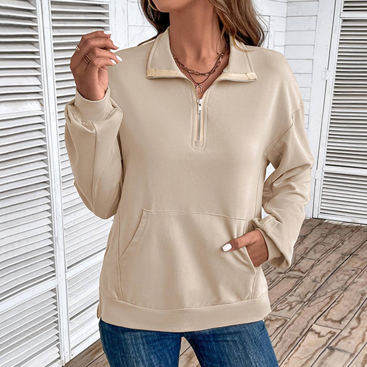 LAPEL LONG SLEEVE TOP ZIPPER LOOSE CASUAL HOODIE