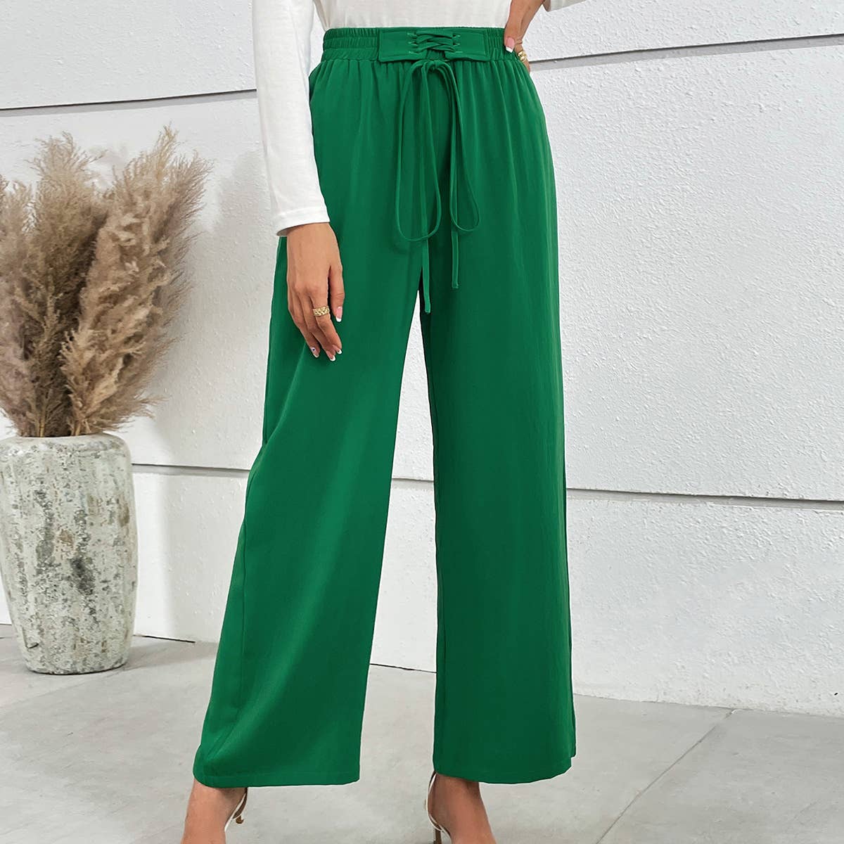 SOLID COLOR ELASTIC-WAISTBAND WIDE-LEG PANTS